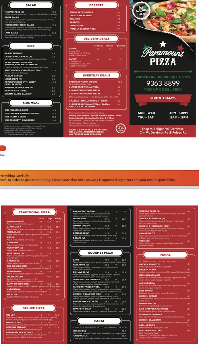 Menu, Paramount Pizza
