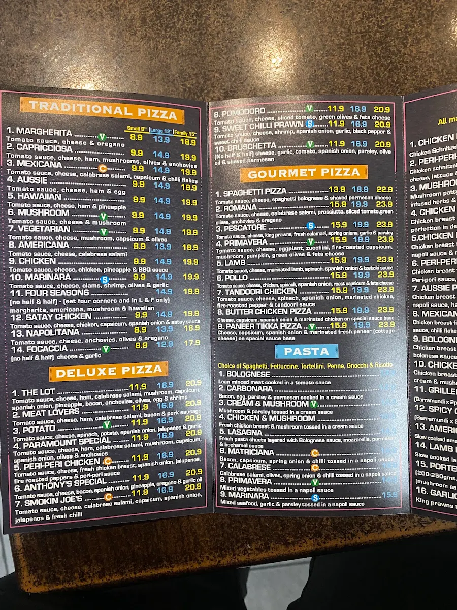 Menu, Paramount Pizza