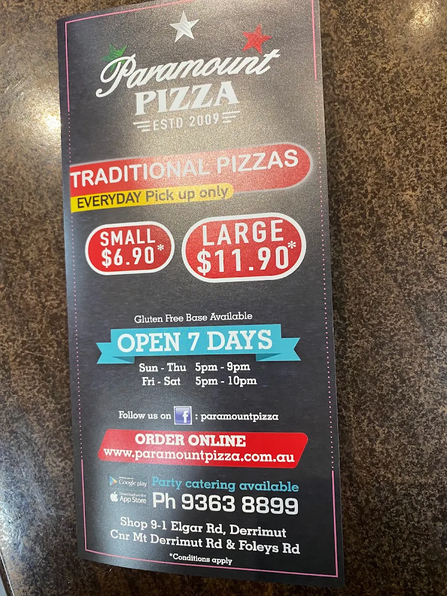 Menu, Paramount Pizza