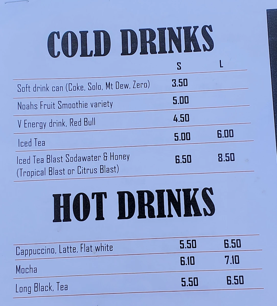 Menu, Paradise Snack Shack