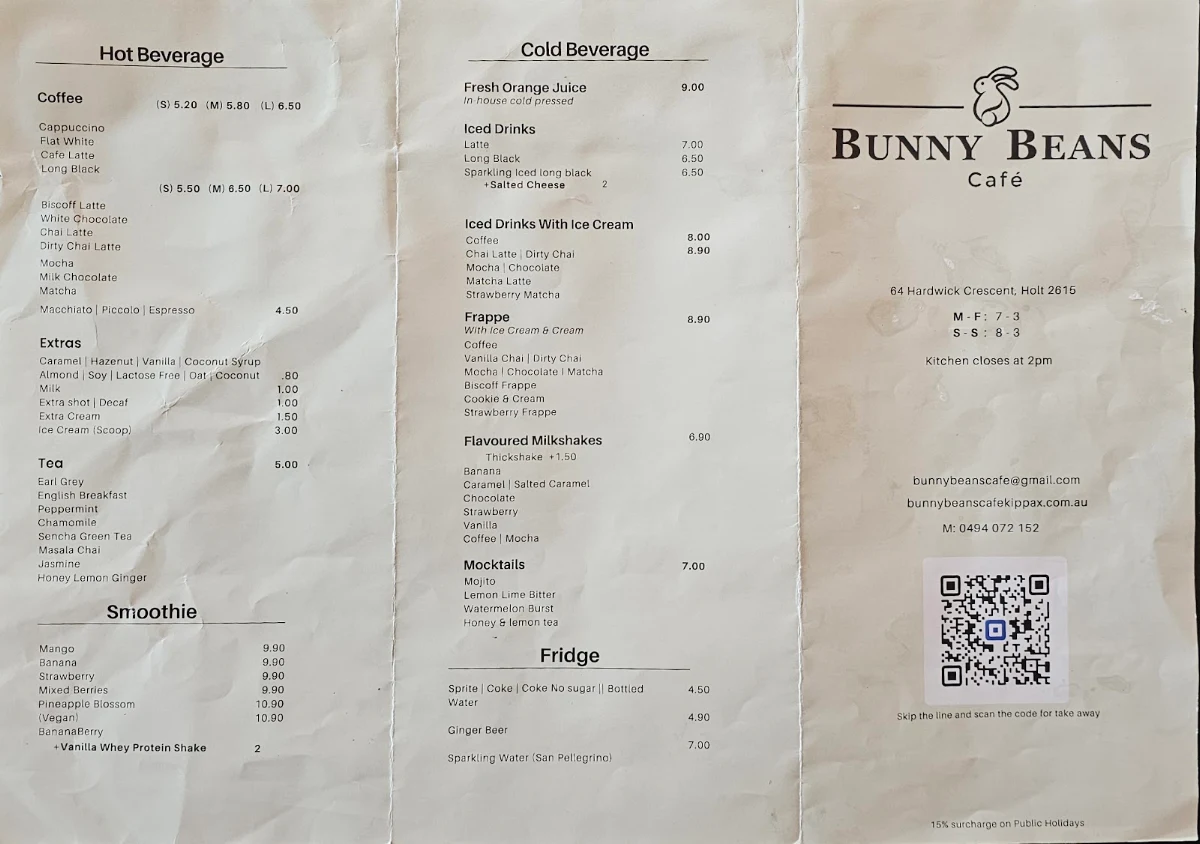 Menu, Bunny Beans Cafe - Kippax