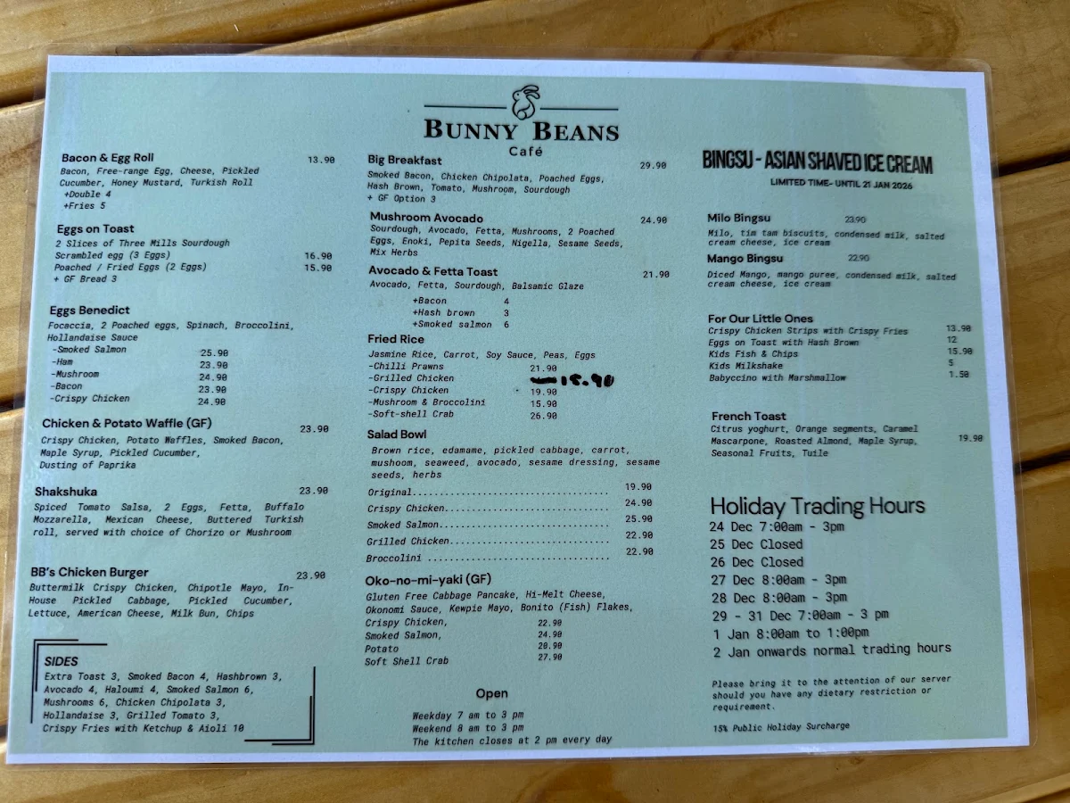 Menu, Bunny Beans Cafe - Kippax