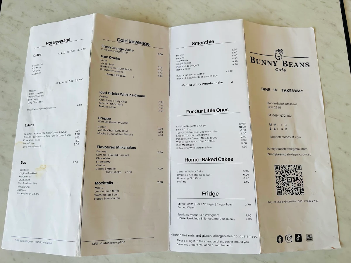Menu, Bunny Beans Cafe - Kippax