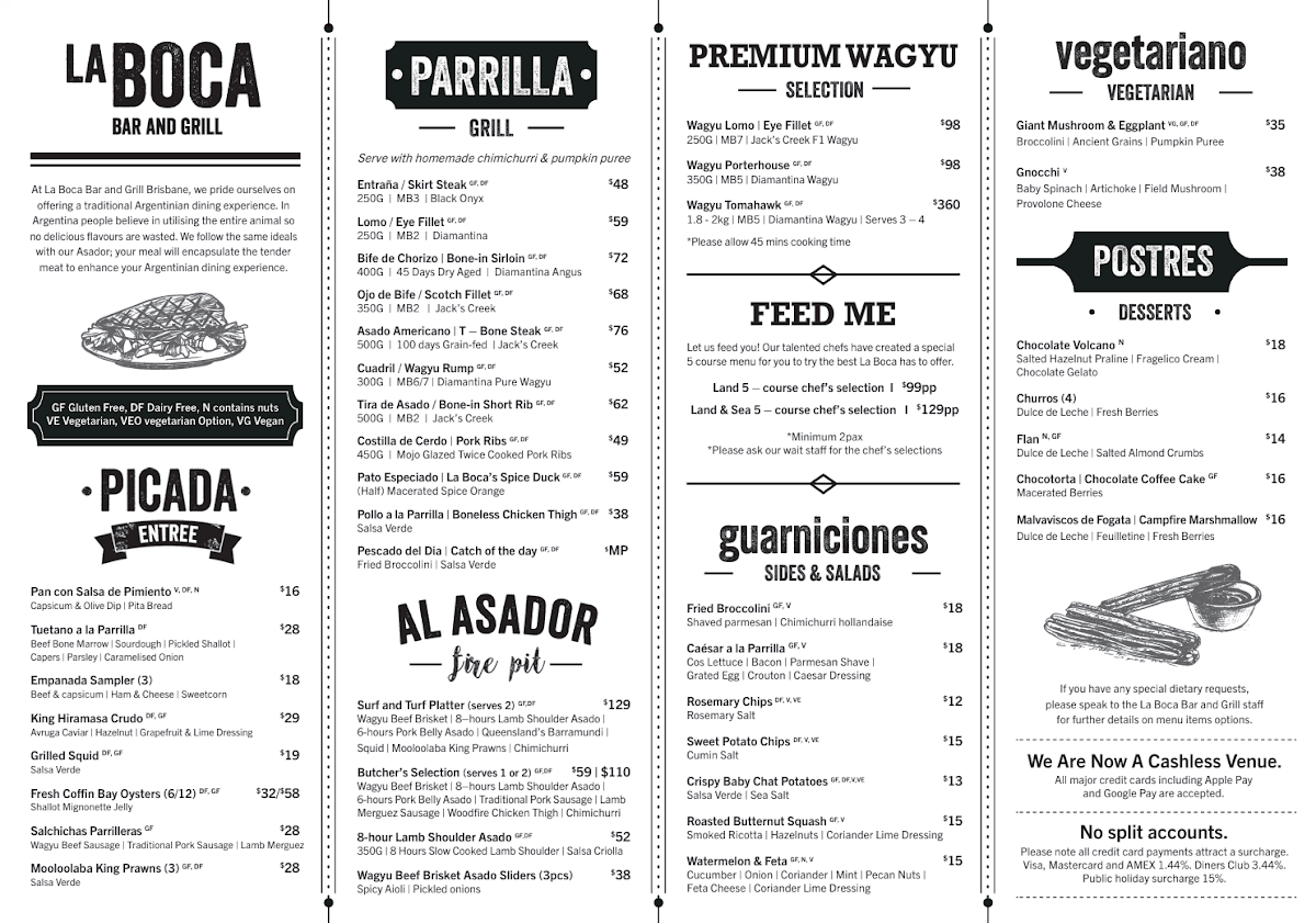 Menu, La Boca Bar and Grill Brisbane