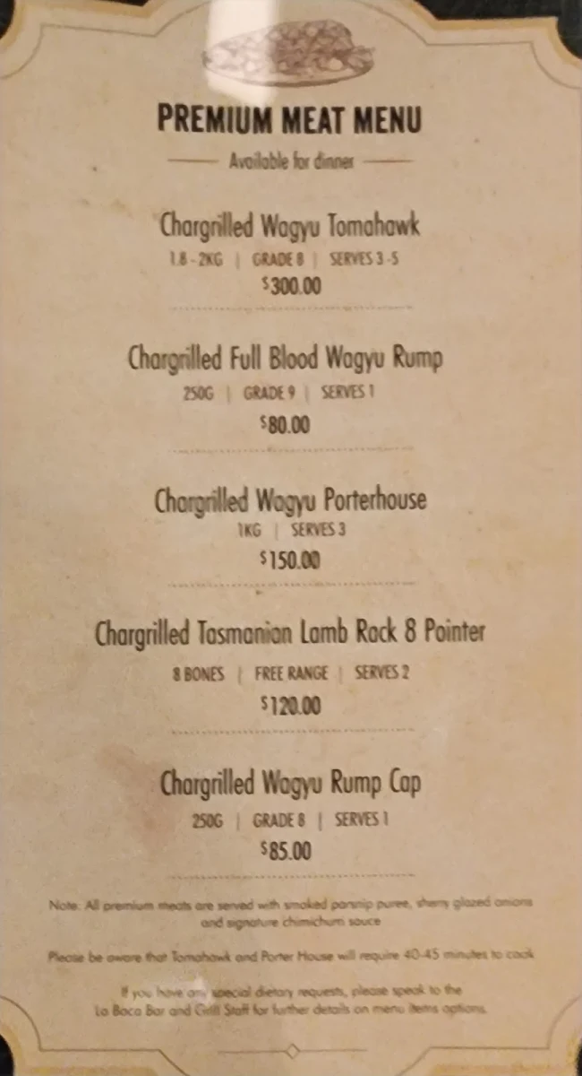 Menu, La Boca Bar and Grill Brisbane
