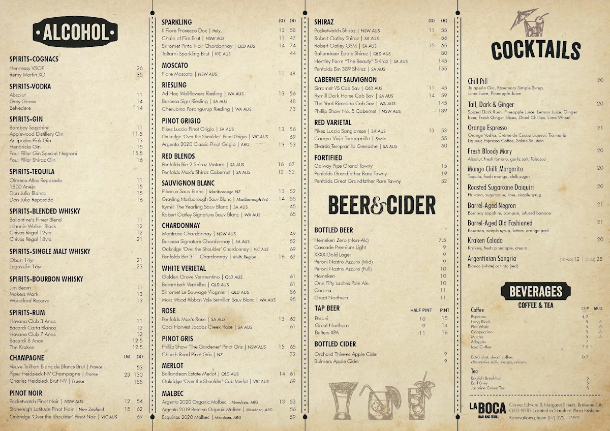 Menu, La Boca Bar and Grill Brisbane