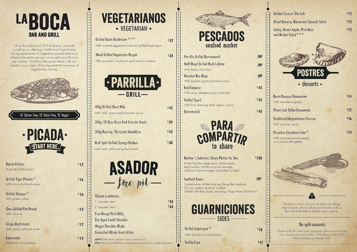 Menu, La Boca Bar and Grill Brisbane