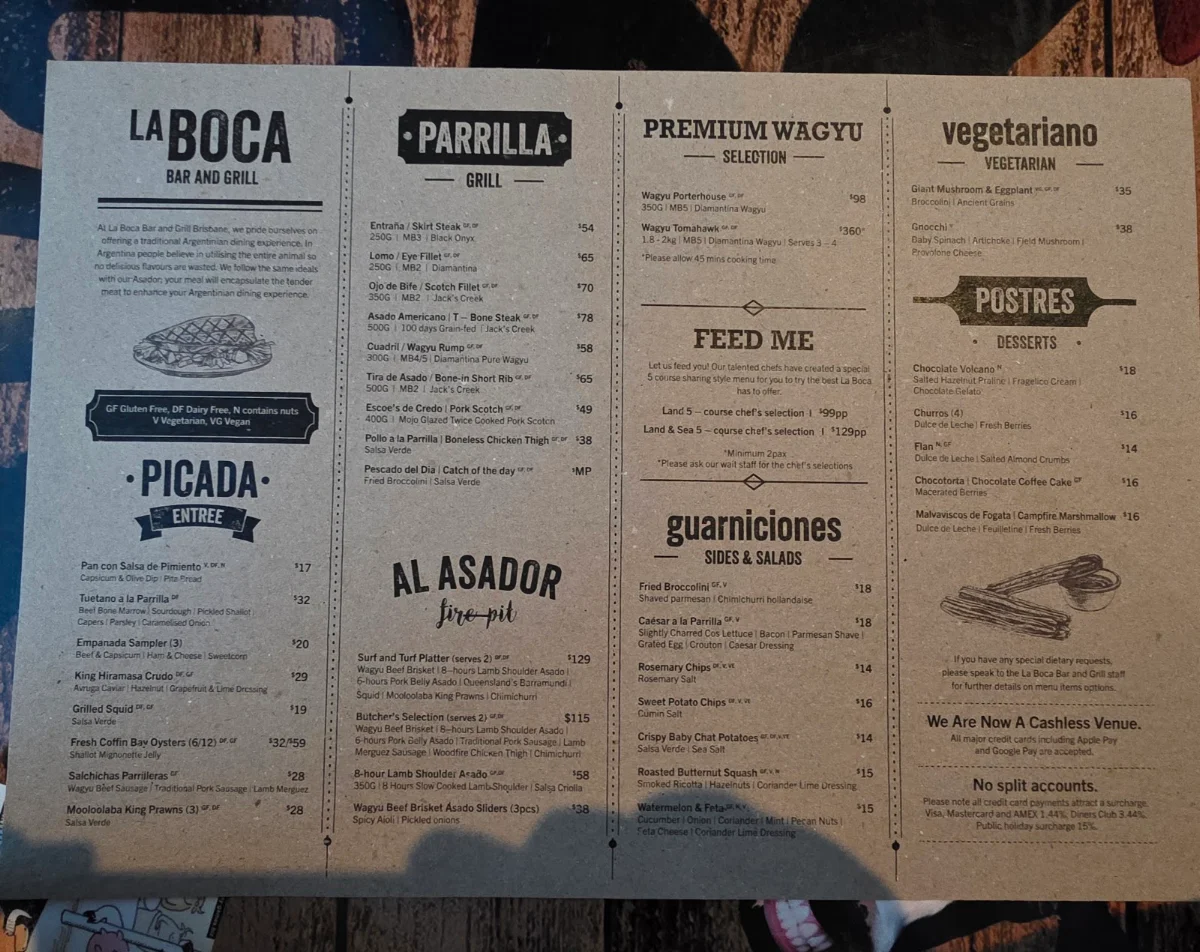 Menu, La Boca Bar and Grill Brisbane