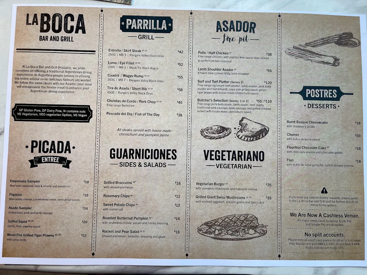 Menu, La Boca Bar and Grill Brisbane