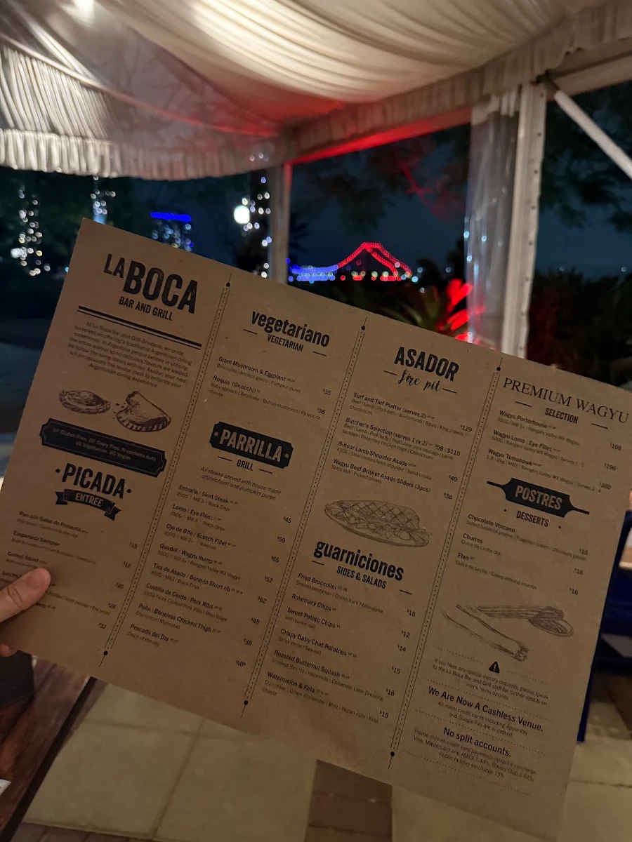 Menu, La Boca Bar and Grill Brisbane