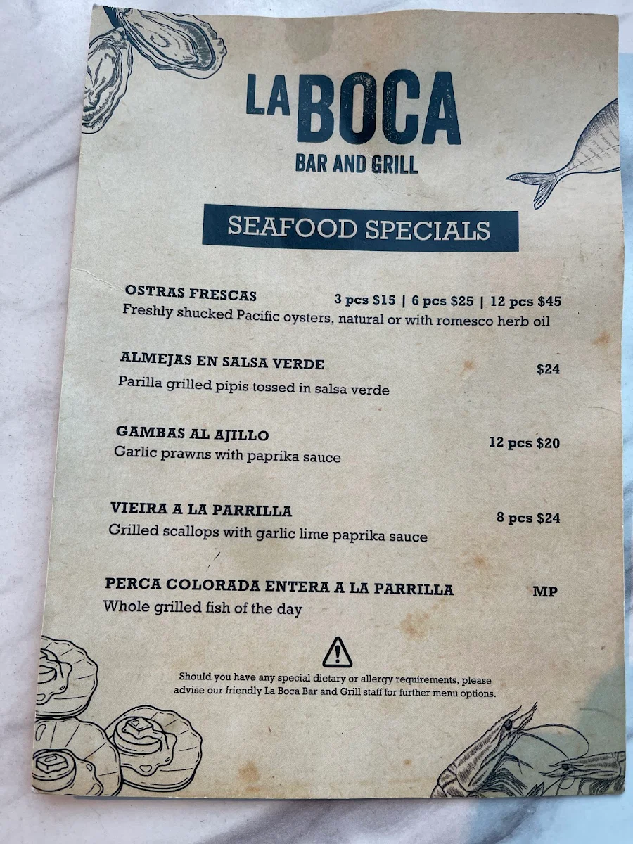 Menu, La Boca Bar and Grill Brisbane