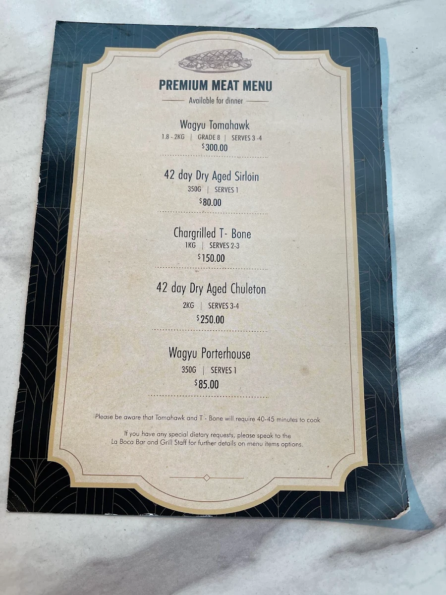 Menu, La Boca Bar and Grill Brisbane