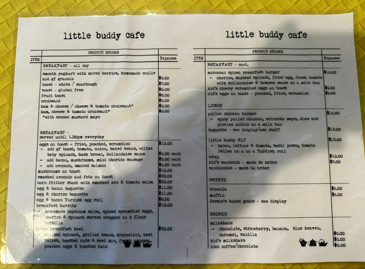 Menu, Little Buddy Cafe.