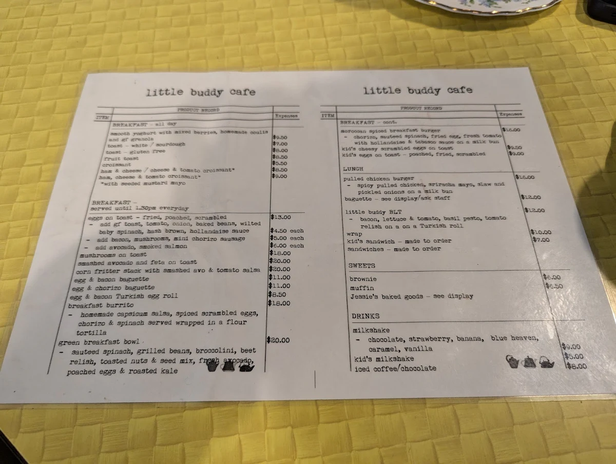 Menu, Little Buddy Cafe.