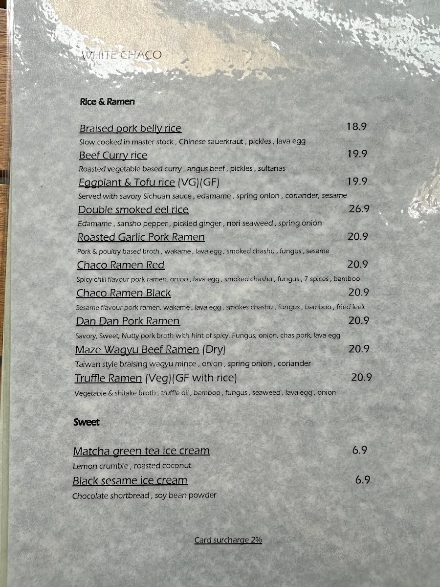 Menu, White Chaco