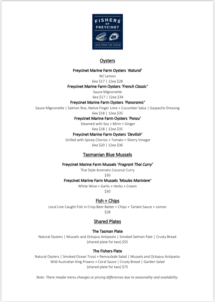Menu, Fishers of Freycinet