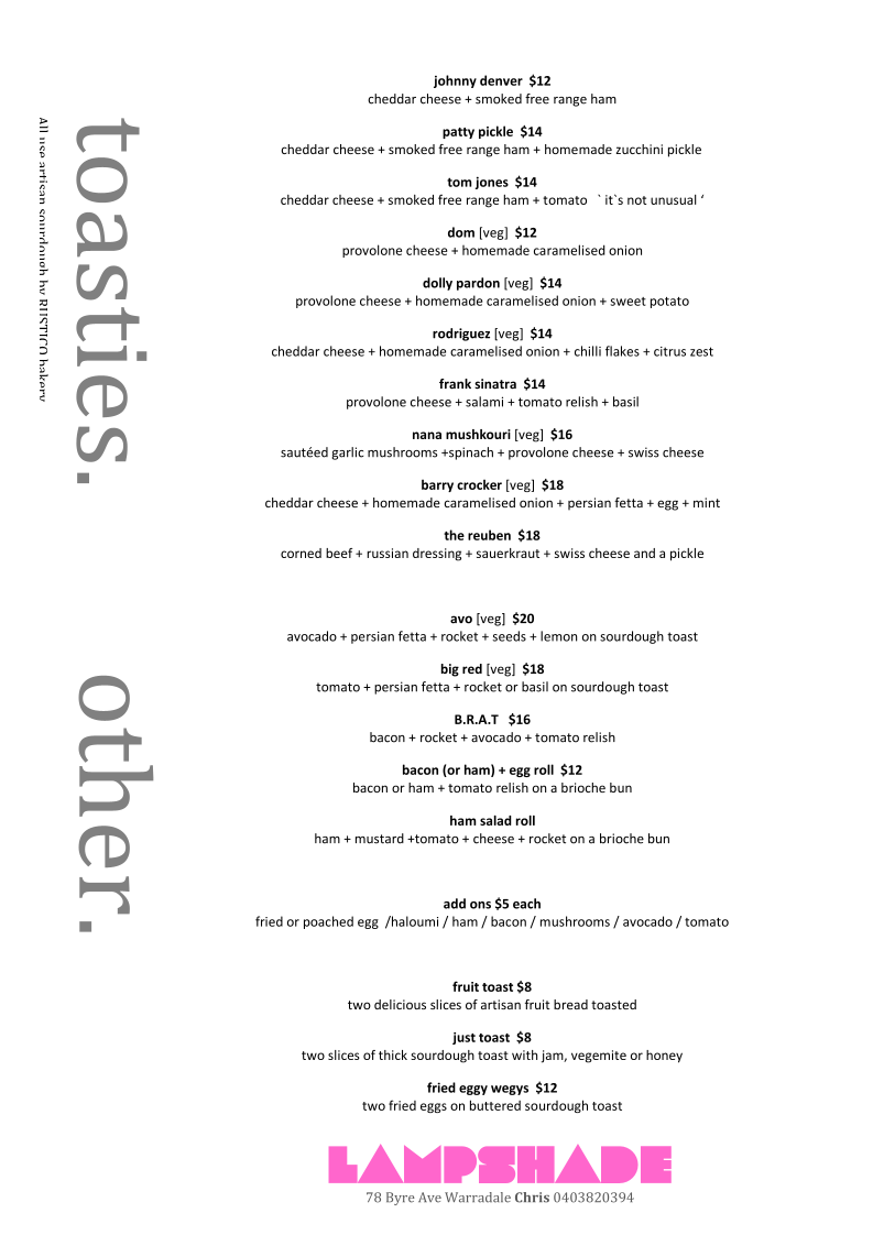 Menu, Lampshade Cafe