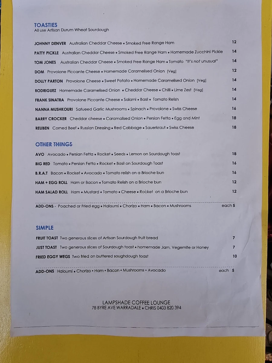 Menu, Lampshade Cafe