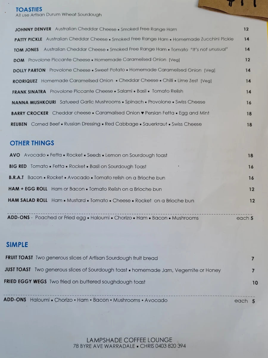 Menu, Lampshade Cafe