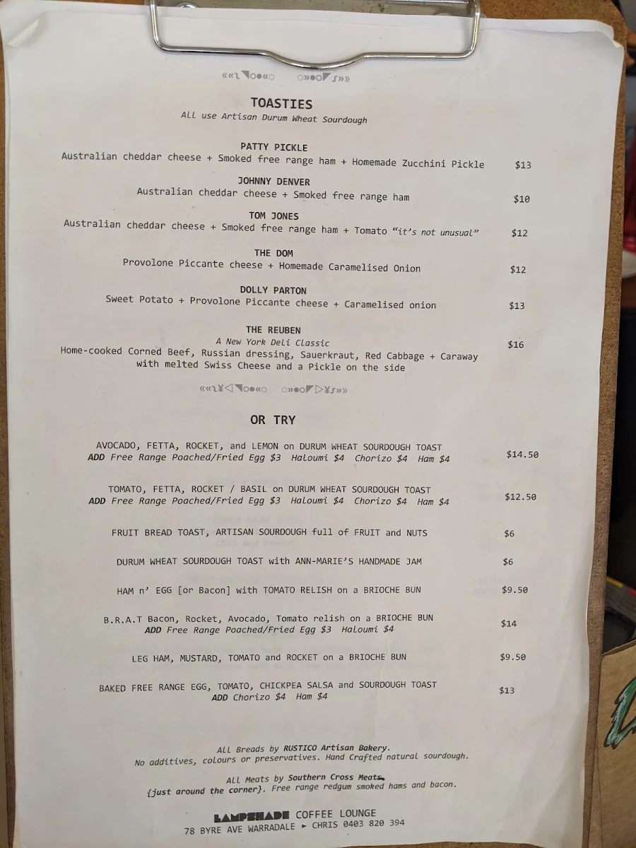 Menu, Lampshade Cafe