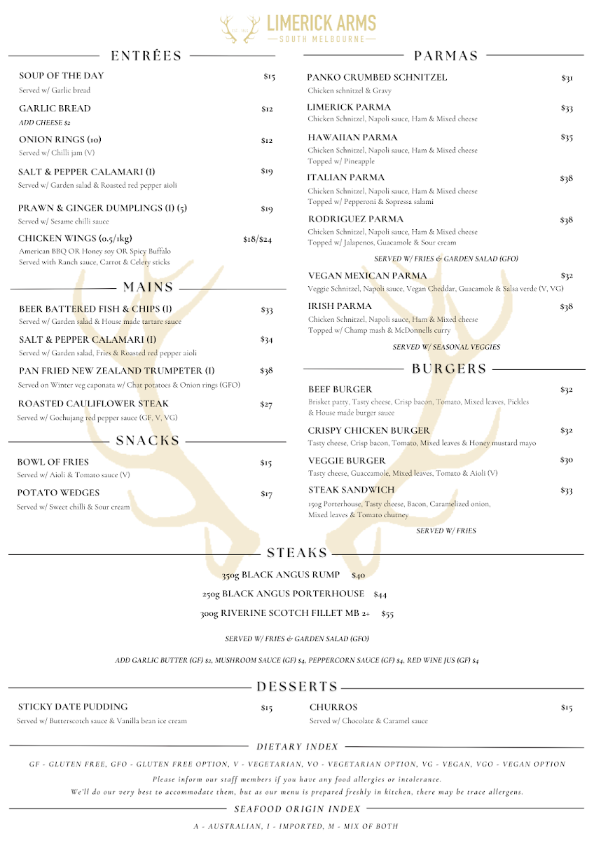 Menu, Limerick Arms Hotel