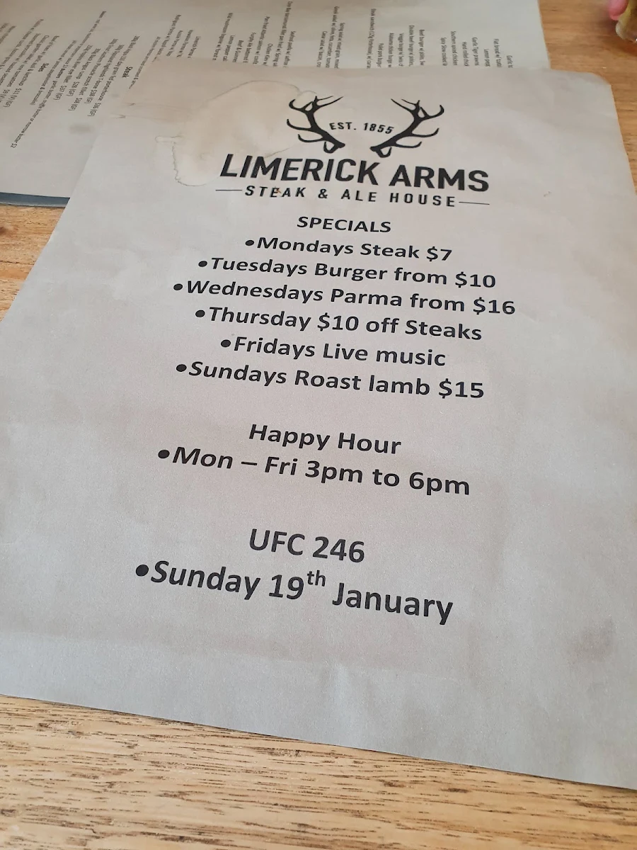 Menu, Limerick Arms Hotel
