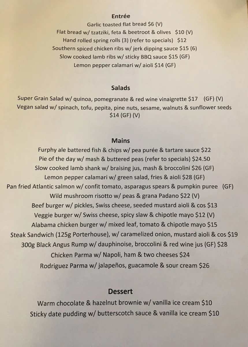 Menu, Limerick Arms Hotel