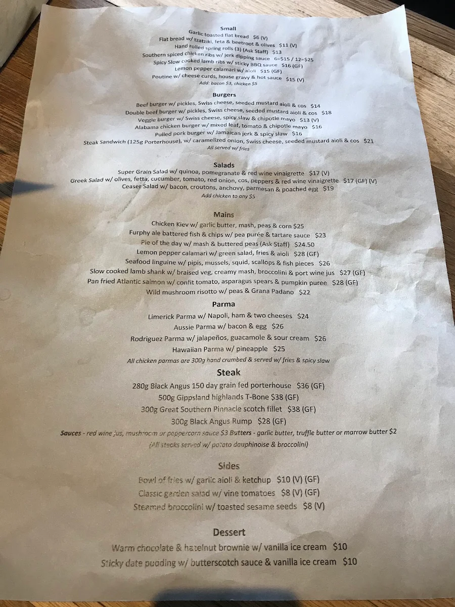 Menu, Limerick Arms Hotel