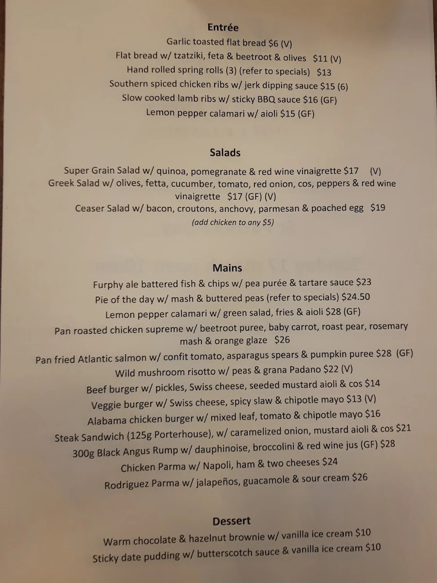 Menu, Limerick Arms Hotel