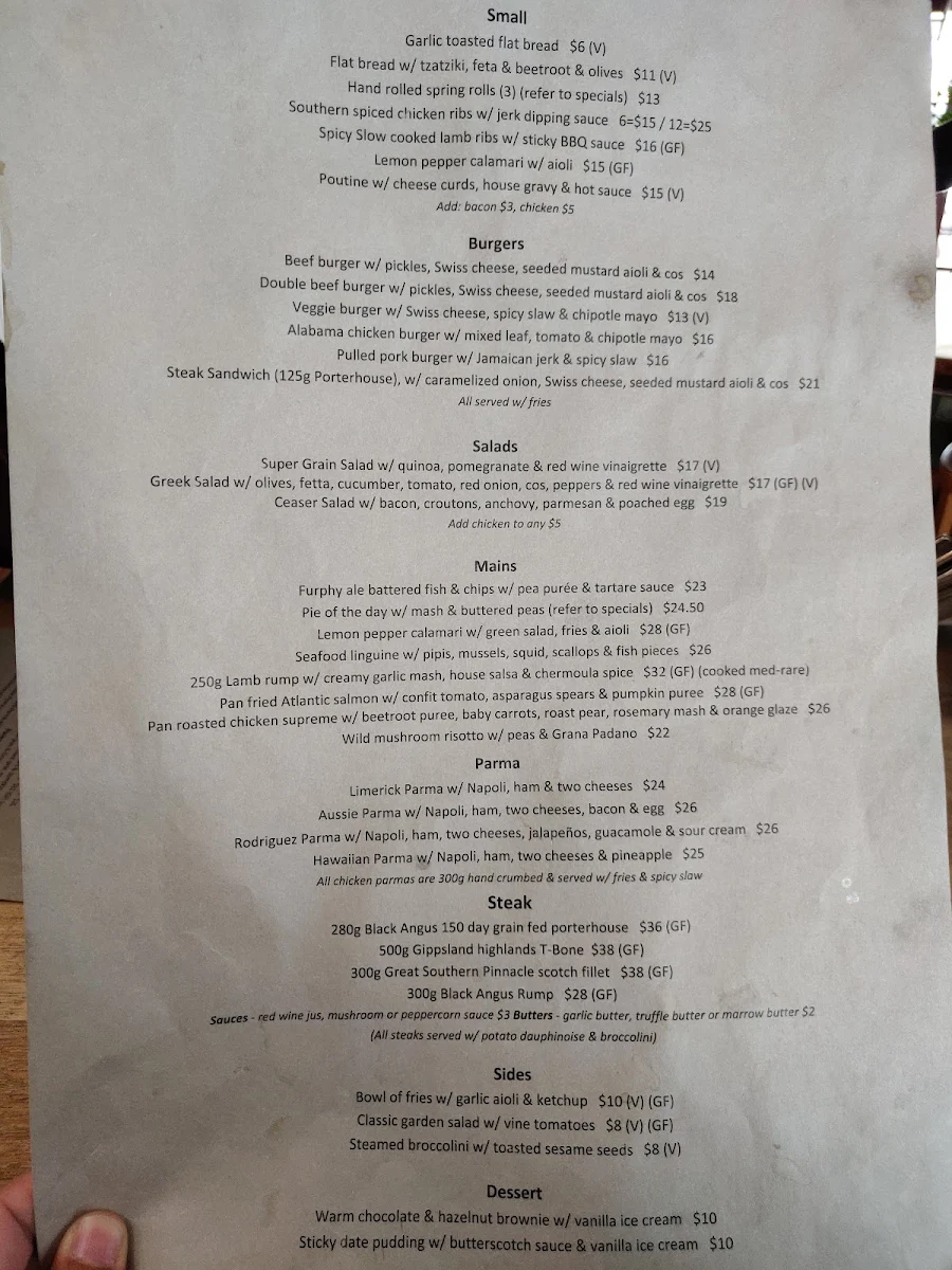 Menu, Limerick Arms Hotel
