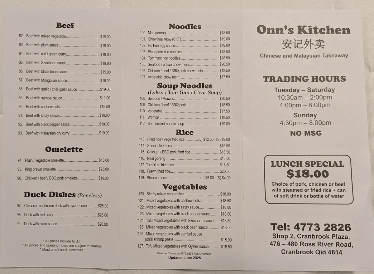 Menu, Onn's Kitchen Chinese and Malaysian takeaway