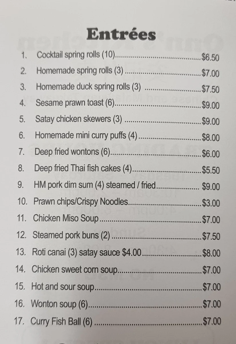 Menu, Onn's Kitchen Chinese and Malaysian takeaway