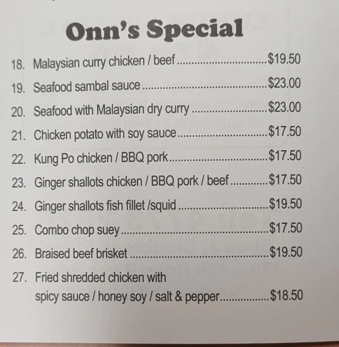 Menu, Onn's Kitchen Chinese and Malaysian takeaway