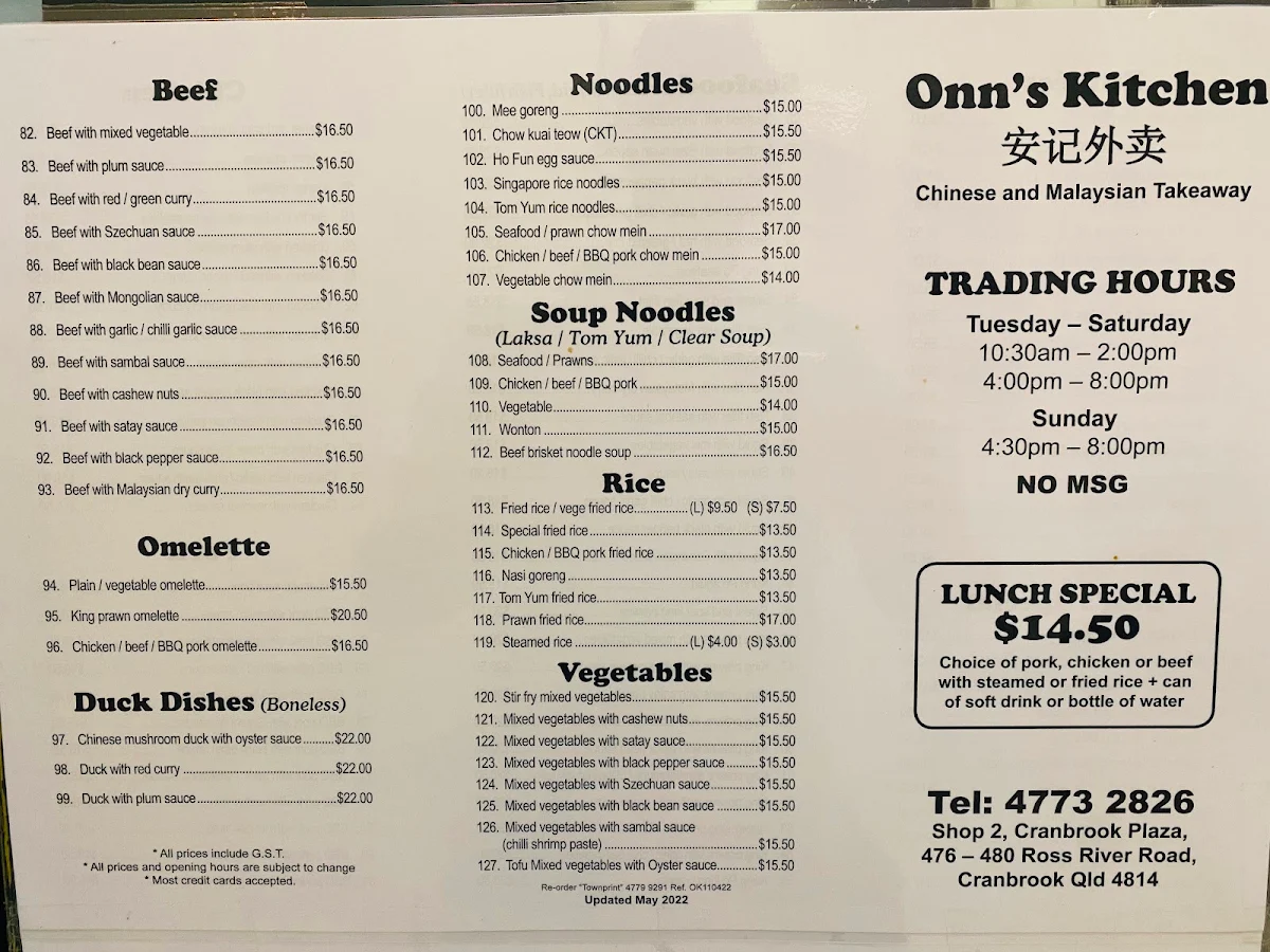 Menu, Onn's Kitchen Chinese and Malaysian takeaway