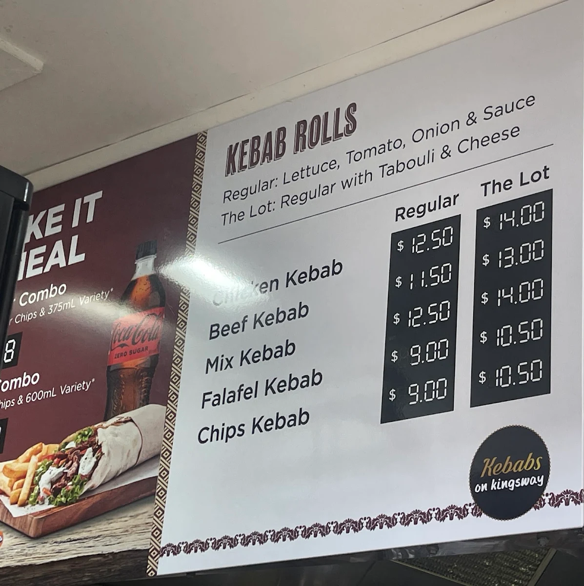 Menu, Kebabs on Kingsway