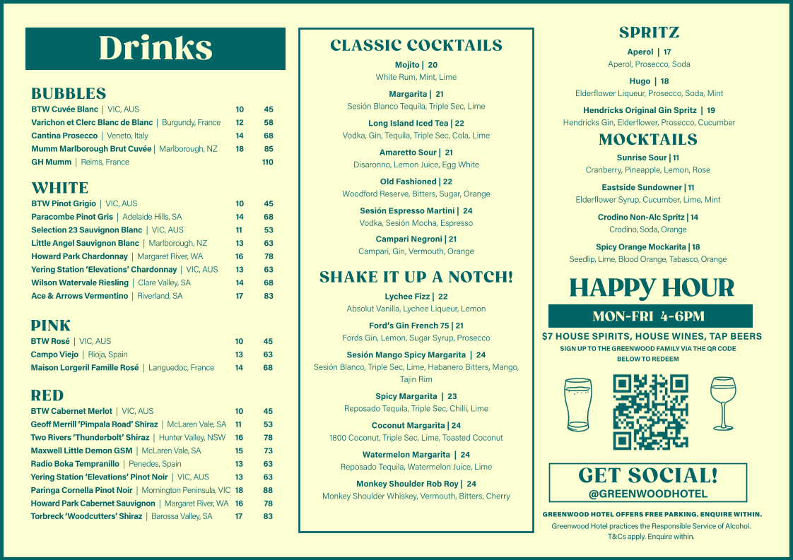 Menu, Greenwood Hotel