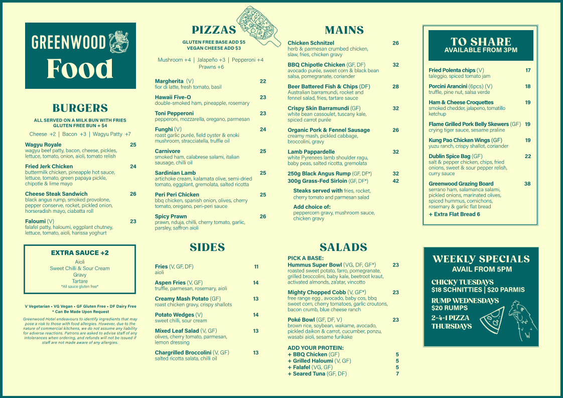 Menu, Greenwood Hotel