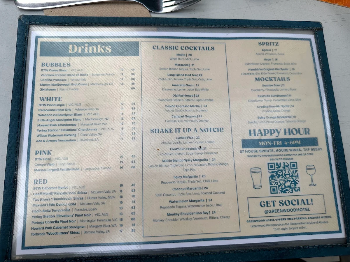 Menu, Greenwood Hotel
