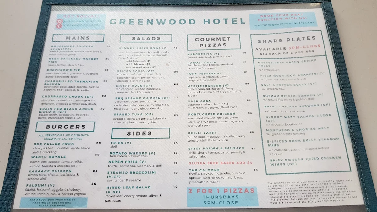 Menu, Greenwood Hotel