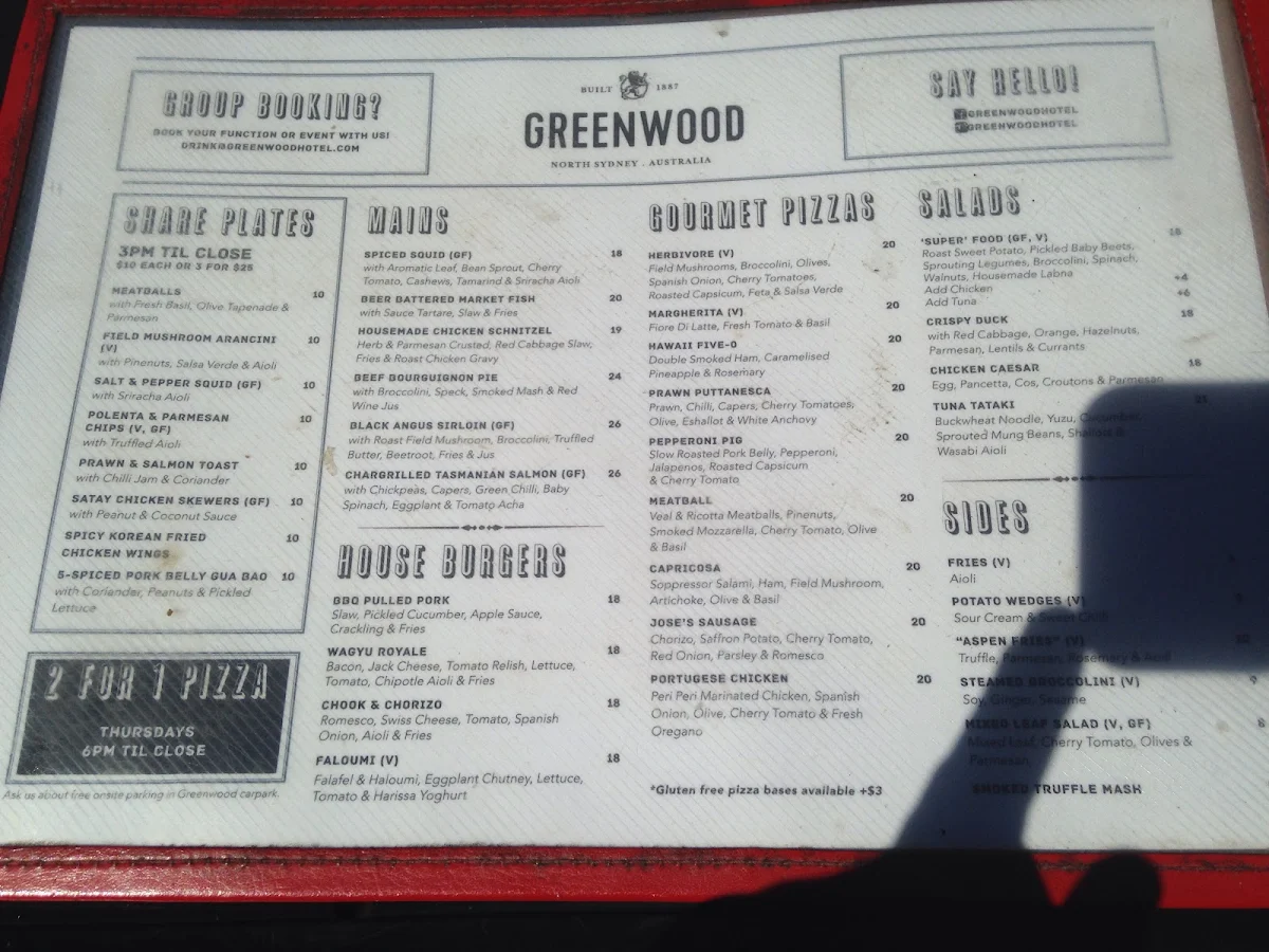 Menu, Greenwood Hotel