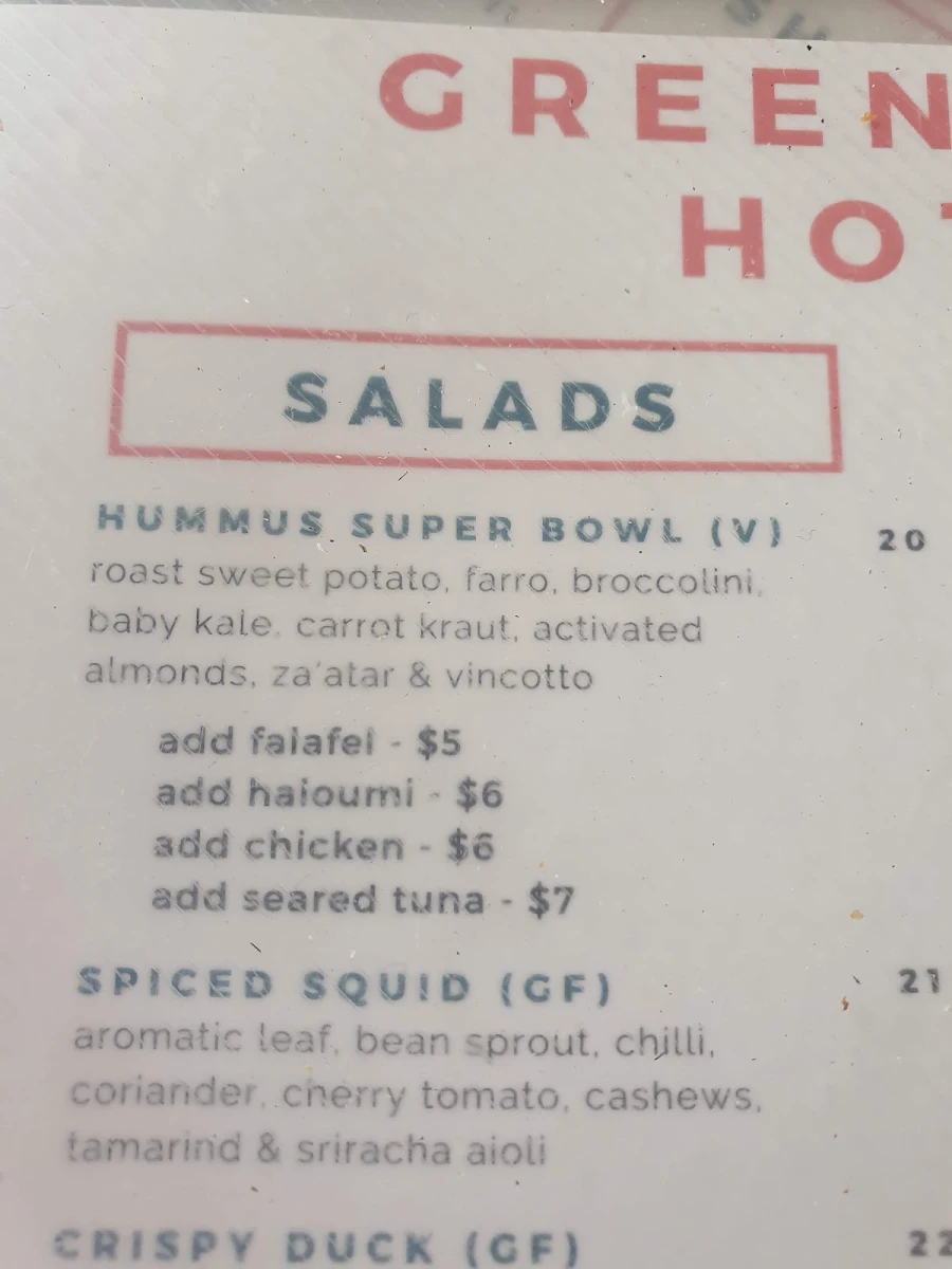 Menu, Greenwood Hotel