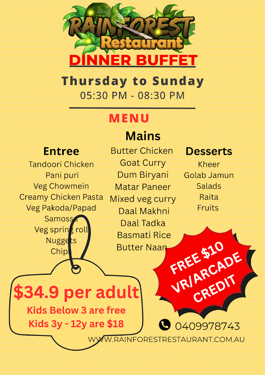 Menu, Rainforest Restaurant