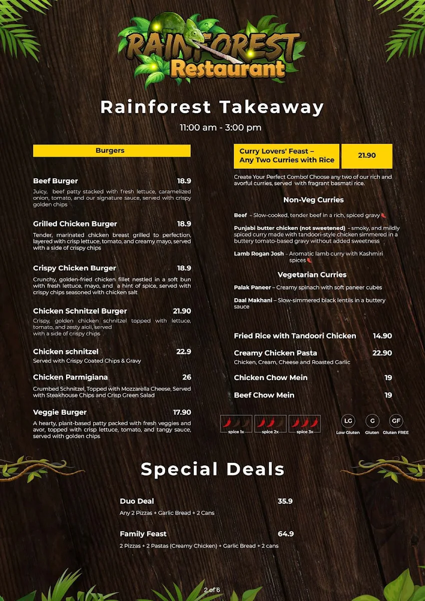 Menu, Rainforest Restaurant