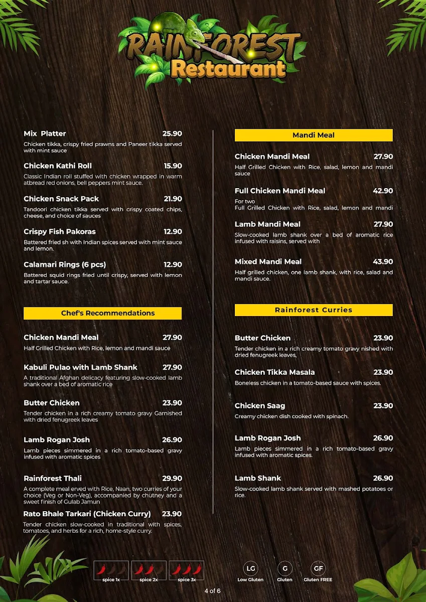Menu, Rainforest Restaurant