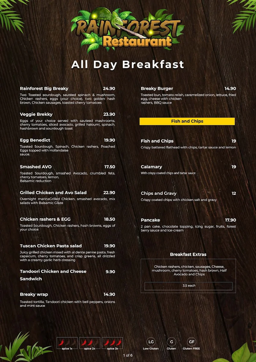 Menu, Rainforest Restaurant