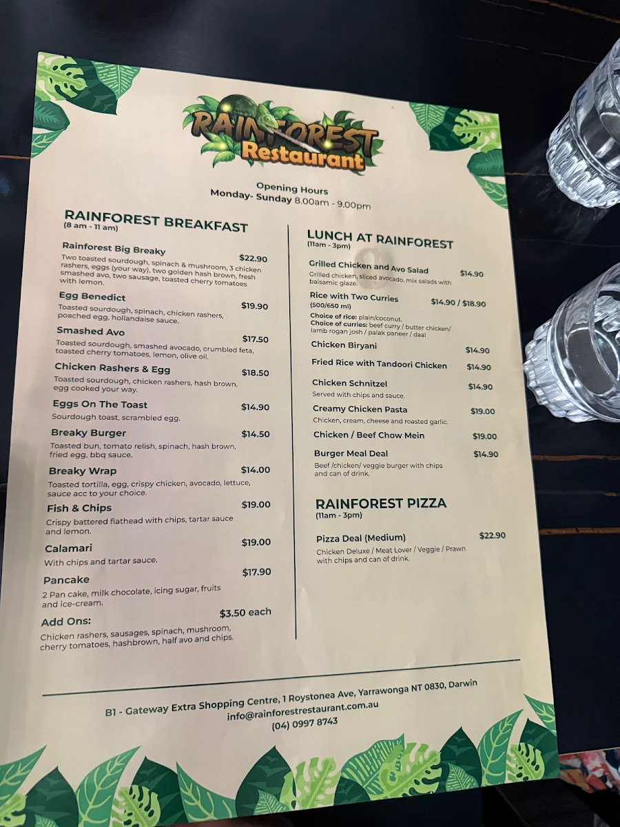 Menu, Rainforest Restaurant