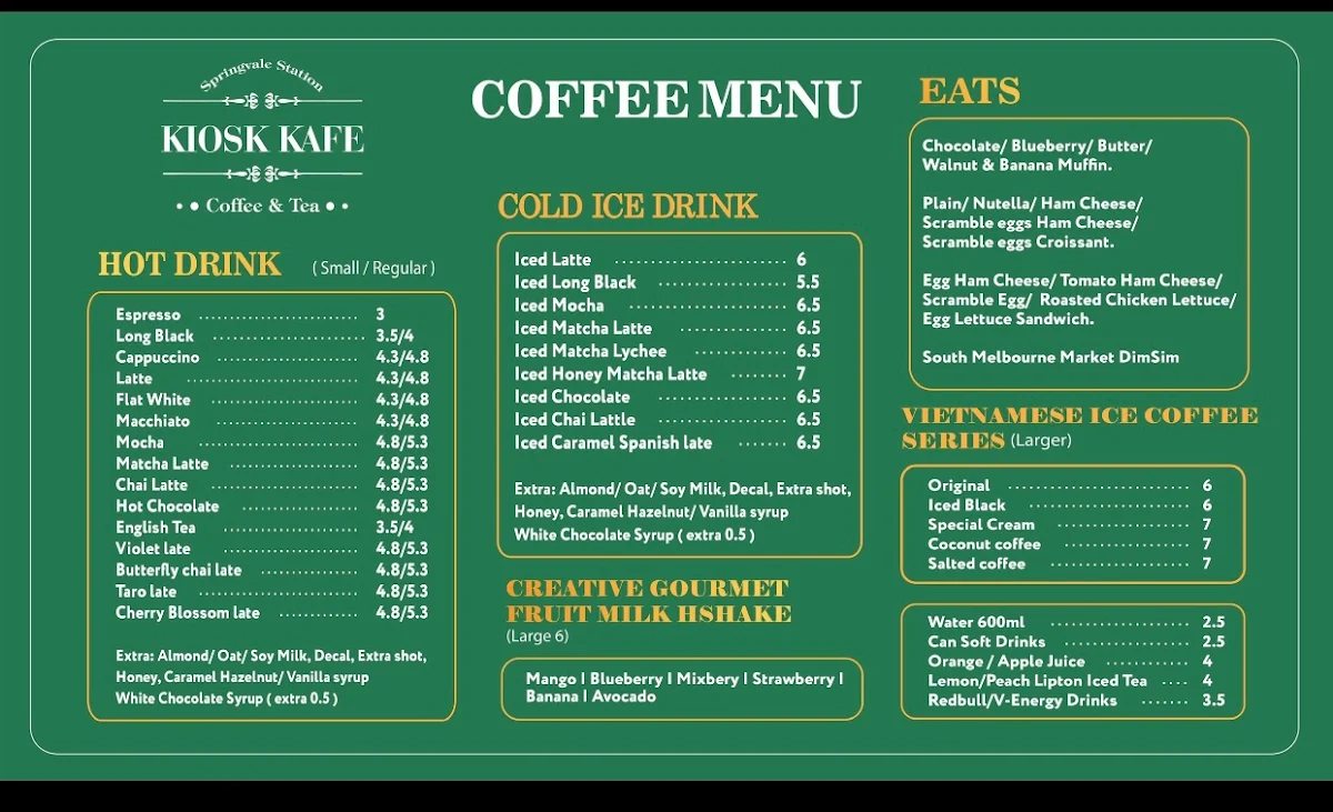 Menu, Kiosk Cafe
