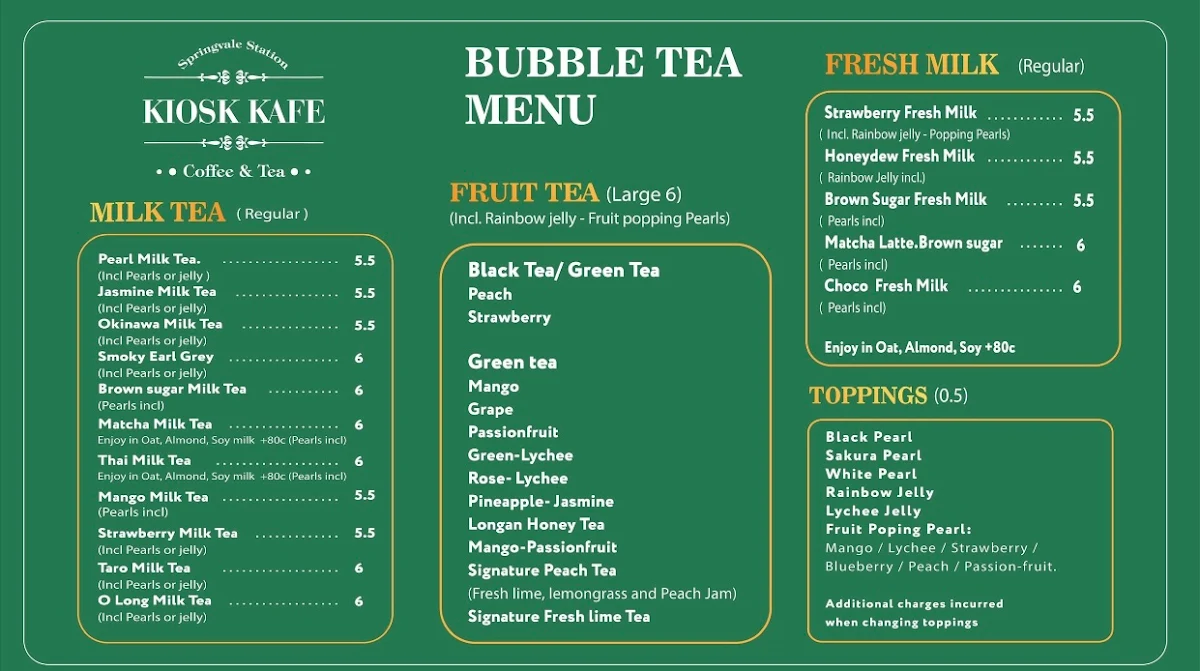 Menu, Kiosk Cafe