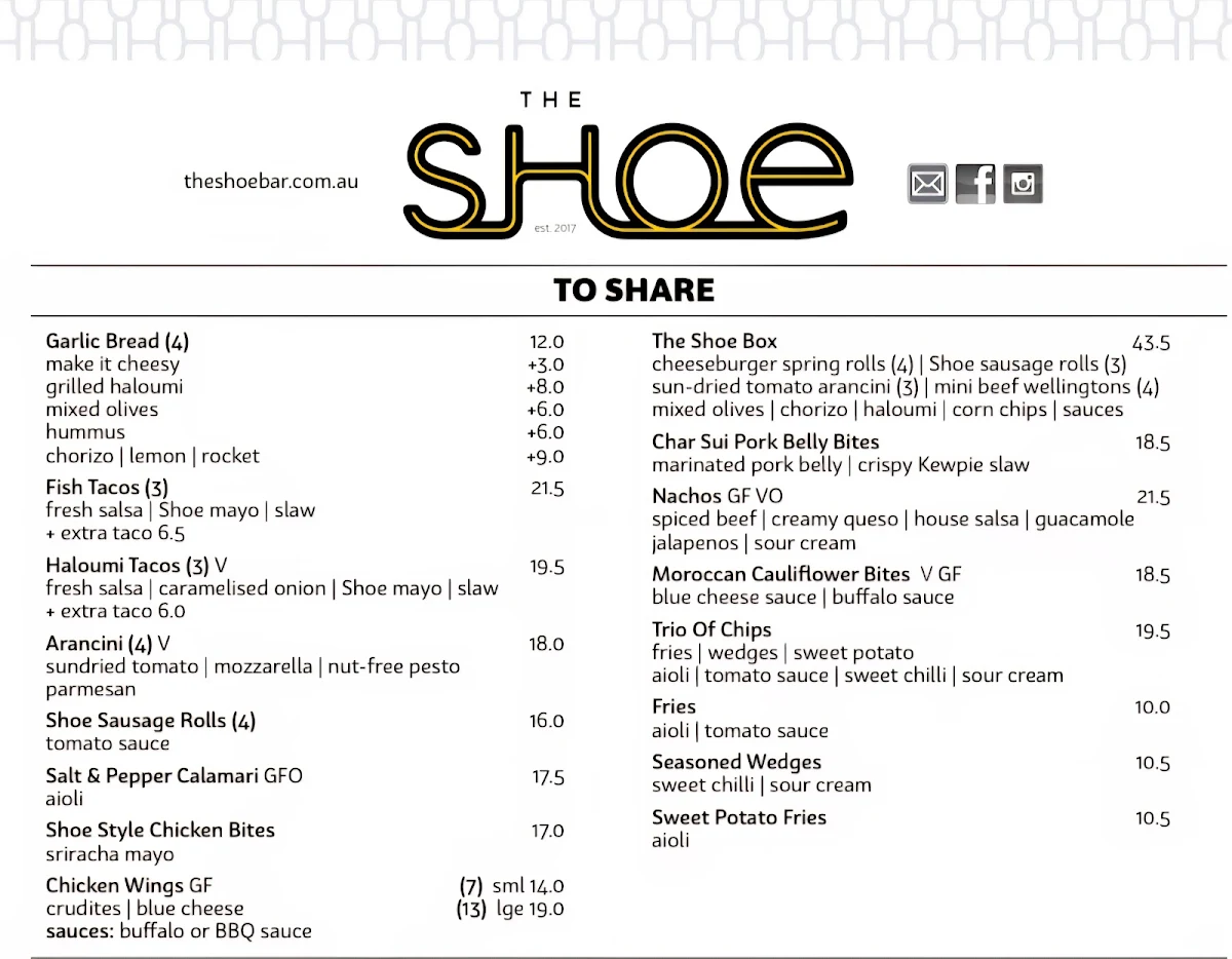 Menu, The Shoe Bar and Cafe