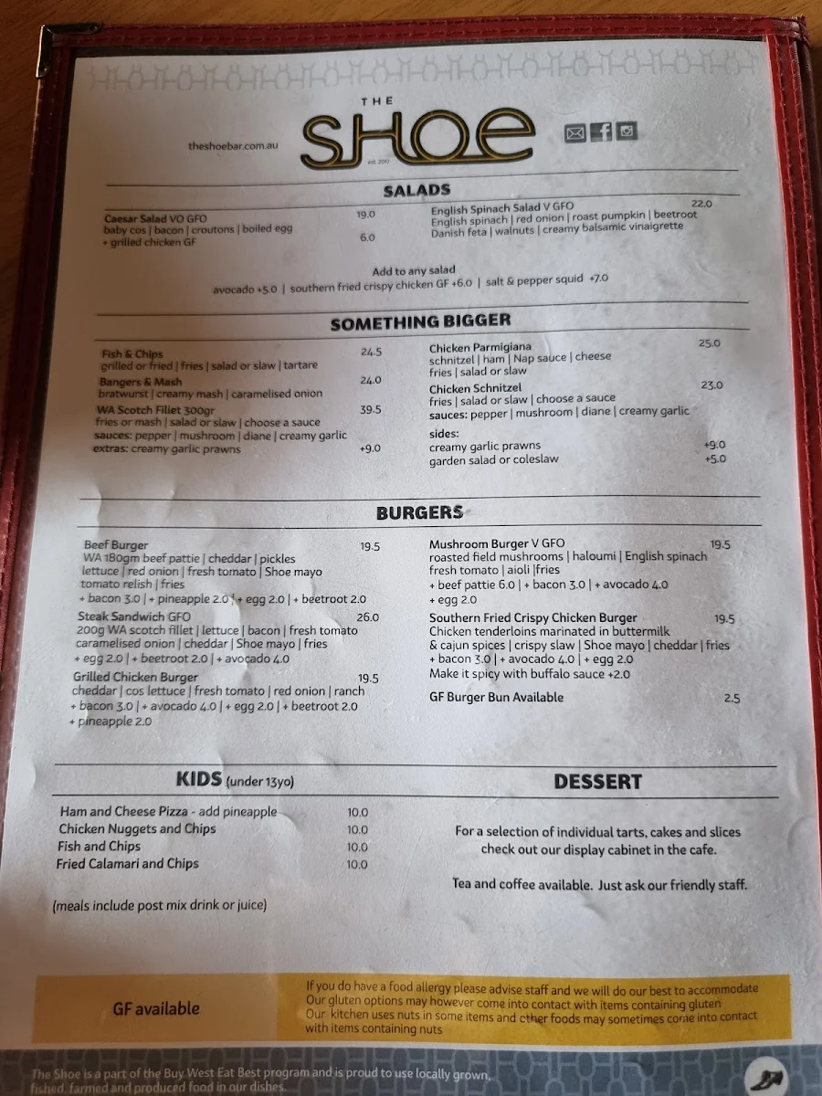 Menu, The Shoe Bar and Cafe